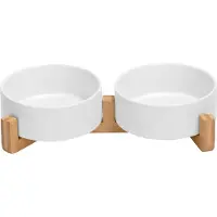LONGZIMING -Dubbele Keramische Huisdierkom met Houten Houder – 2 x 400ml, Antislip, Voedselveilig en Duurzaam, Ideaal voor Katten en Kleine Honden