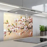 KitchenYeah Spatscherm 90x70 cm - Zelfklevende achterwand Bloesemtakken - Schilderachtig - Roze - Keuken muurbeschermer - Spatwand fornuis