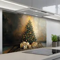 KitchenYeah Spatscherm 120x80 cm - Zelfklevende achterwand Kerstboom - Cadeaus - Goud - Keuken muurbeschermer - Spatwand fornuis