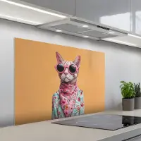 KitchenYeah Spatscherm 100x65 cm - Zelfklevende achterwand Zonnebril - Kat - Sjaal - Bloemen - Keuken muurbeschermer - Spatwand fornuis