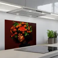 KitchenYeah Spatscherm 70x55 cm - Zelfklevende achterwand Vrouw - lychee - exotisch - Keuken muurbeschermer - Spatwand fornuis