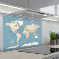 KitchenYeah Spatscherm 80x55 cm - Zelfklevende achterwand Wereldkaart - Oceaan - Realistisch - Blauw - Keuken muurbeschermer - Spatwand fornuis