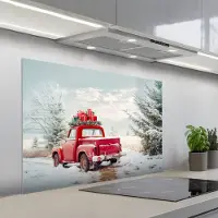 KitchenYeah Spatscherm 100x65 cm - Zelfklevende achterwand Auto - Rood - Cadeaus - Winter - Sneeuw - Kerst - Keuken muurbeschermer - Spatwand fornuis