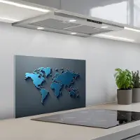KitchenYeah Spatscherm 60x40 cm - Zelfklevende achterwand Metallic - Blauw - Wereldkaart - 3D - Keuken muurbeschermer - Spatwand fornuis