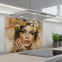 KitchenYeah Spatscherm 90x70 cm - Zelfklevende achterwand Vrouw - Bloemen - Goud - Portret - Keuken muurbeschermer - Spatwand fornuis