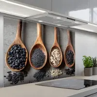 KitchenYeah Spatscherm 120x80 cm - Zelfklevende achterwand Houten - Lepels - Rijst - Zaden - Keuken muurbeschermer - Spatwand fornuis