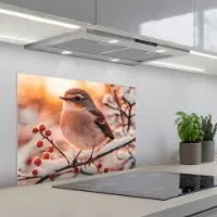 KitchenYeah Spatscherm 70x50 cm - Zelfklevende achterwand Vogel - Tak - Winter - Dieren - Sneeuw - Keuken muurbeschermer - Spatwand fornuis