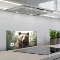 KitchenYeah Spatscherm 70x30 cm - Zelfklevende achterwand Bruine beer - Wilde dieren - Bloemen - Planten - Keuken muurbeschermer - Spatwand fornuis