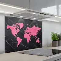 KitchenYeah Spatscherm 90x70 cm - Zelfklevende achterwand Wereldkaart - Roze - Marmer print - Keuken muurbeschermer - Spatwand fornuis