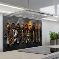 KitchenYeah Spatscherm 80x55 cm - Zelfklevende achterwand Lepels - Specerijen - Kaneel - Chili - Keuken muurbeschermer - Spatwand fornuis