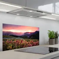 KitchenYeah Spatscherm 80x40 cm - Zelfklevende achterwand Bloemen - Bergen - Landschap - Nacht - Lucht - Roze - Keuken muurbeschermer - Spatwand fornuis