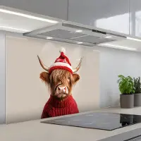 KitchenYeah Spatscherm 90x60 cm - Zelfklevende achterwand Schotse Hooglander - Kerst - Muts - Trui - Winter - Keuken muurbeschermer - Spatwand fornuis