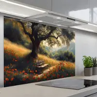 KitchenYeah Spatscherm 120x80 cm - Zelfklevende achterwand Bankje - Boom - Klaprozen - Heuvels - Keuken muurbeschermer - Spatwand fornuis