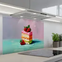 KitchenYeah Spatscherm 80x55 cm - Zelfklevende achterwand Taartje - Aardbeien - Glazuur - Kleurrijk - Keuken muurbeschermer - Spatwand fornuis