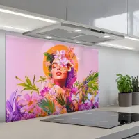 KitchenYeah Spatscherm 80x55 cm - Zelfklevende achterwand Vrouw - Abstract - Cirkel - Bloemen - Keuken muurbeschermer - Spatwand fornuis