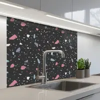 KitchenYeah Keuken achterwand 100x80 cm - Spatscherm zelfklevend Terrazzo - Patroon - Zwart - Zacht - Muurbeschermer - Spatwand fornuis