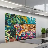 KitchenYeah Spatscherm 100x65 cm - Zelfklevende achterwand Luipaard - Kleurrijk - Tropisch - Keuken muurbeschermer - Spatwand fornuis