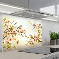 KitchenYeah Spatscherm 80x55 cm - Zelfklevende achterwand Takken - Bloemen - Vogeltjes - Roze - Keuken muurbeschermer - Spatwand fornuis