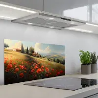 KitchenYeah Spatscherm 80x40 cm - Zelfklevende achterwand Klaprozen - Rood - Heuvels - Landschap - Keuken muurbeschermer - Spatwand fornuis