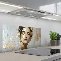 KitchenYeah Spatscherm 80x40 cm - Zelfklevende achterwand Sierlijk - Vrouw - Goud - Ogen - Keuken muurbeschermer - Spatwand fornuis