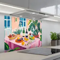 KitchenYeah Spatscherm 90x70 cm - Zelfklevende achterwand Tafel - Wijn - Fruit - Keuken muurbeschermer - Spatwand fornuis
