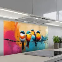 KitchenYeah Spatscherm 120x60 cm - Zelfklevende achterwand Vogels - Kleurrijk - Tak - Abstract - Keuken muurbeschermer - Spatwand fornuis