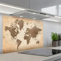 KitchenYeah Spatscherm 90x60 cm - Zelfklevende achterwand Wereldkaart - Beige - Bruin - Keuken muurbeschermer - Spatwand fornuis