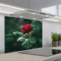 KitchenYeah Spatscherm 90x70 cm - Zelfklevende achterwand Roos - Bladeren - Dieprood - Keuken muurbeschermer - Spatwand fornuis
