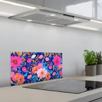 KitchenYeah Spatscherm 60x30 cm - Zelfklevende achterwand Bloemen - Blauw - Roze - Keuken muurbeschermer - Spatwand fornuis
