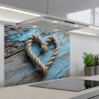 KitchenYeah Spatscherm 80x55 cm - Zelfklevende achterwand Hart - Touw - Hout - Rustiek - Keuken muurbeschermer - Spatwand fornuis