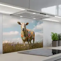 KitchenYeah Spatscherm 90x60 cm - Zelfklevende achterwand Schaap - Bloemen - Weide - Keuken muurbeschermer - Spatwand fornuis