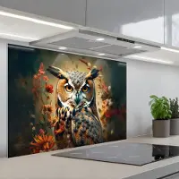 KitchenYeah Spatscherm 90x60 cm - Zelfklevende achterwand Uil - Vogel - Bloemen - Planten - Botanisch - Keuken muurbeschermer - Spatwand fornuis