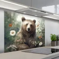KitchenYeah Spatscherm 100x75 cm - Zelfklevende achterwand Bruine beer - Wilde dieren - Bloemen - Planten - Keuken muurbeschermer - Spatwand fornuis
