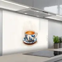 KitchenYeah Spatscherm 120x80 cm - Zelfklevende achterwand Theekop - Bladeren - Blauw - Keuken muurbeschermer - Spatwand fornuis