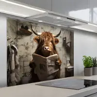 KitchenYeah Spatscherm 100x75 cm - Zelfklevende achterwand Schotse hooglander - Toilet - Krant - Badkamer - Keuken muurbeschermer - Spatwand fornuis