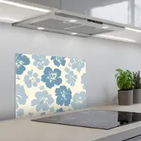 KitchenYeah Spatscherm 60x45 cm - Zelfklevende achterwand Hibiscusbloemen - Blauw - Patroon - Tropisch - Keuken muurbeschermer - Spatwand fornuis