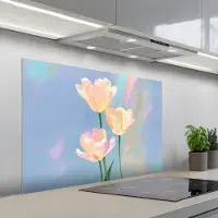 KitchenYeah Spatscherm 100x65 cm - Zelfklevende achterwand Tulpen - Roze accenten - Blauw - Keuken muurbeschermer - Spatwand fornuis