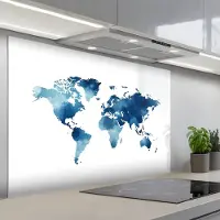 KitchenYeah Spatscherm 120x80 cm - Zelfklevende achterwand Wereldkaart - Verf - Blauw - Keuken muurbeschermer - Spatwand fornuis