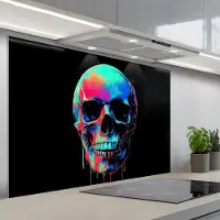 KitchenYeah Spatscherm 120x80 cm - Zelfklevende achterwand Schedel - Graffiti - Blauw - Kleurrijk - Keuken muurbeschermer - Spatwand fornuis