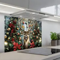 KitchenYeah Spatscherm 90x70 cm - Zelfklevende achterwand Kerstfeest - Dennenbos - Rood - Keuken muurbeschermer - Spatwand fornuis