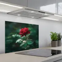 KitchenYeah Spatscherm 70x50 cm - Zelfklevende achterwand Roos - Bladeren - Dieprood - Keuken muurbeschermer - Spatwand fornuis