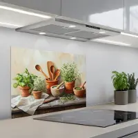 KitchenYeah Spatscherm 70x50 cm - Zelfklevende achterwand Potten - Kruiden - Hout - Keuken muurbeschermer - Spatwand fornuis