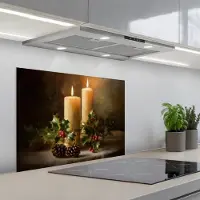 KitchenYeah Spatscherm 70x55 cm - Zelfklevende achterwand Kaarslicht - Kerst - Veelkleurig - Keuken muurbeschermer - Spatwand fornuis