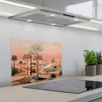KitchenYeah Spatscherm 60x45 cm - Zelfklevende achterwand Roze landschap - Palmen - Water - Keuken muurbeschermer - Spatwand fornuis