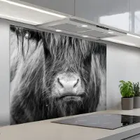 KitchenYeah Spatscherm 100x75 cm - Zelfklevende achterwand Schotse hooglander - Koe - Zwart - Wit - Dieren - Keuken muurbeschermer - Spatwand fornuis