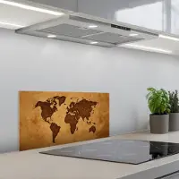 KitchenYeah Spatscherm 60x30 cm - Zelfklevende achterwand Wereldkaart - Uitgesneden perkament - Keuken muurbeschermer - Spatwand fornuis