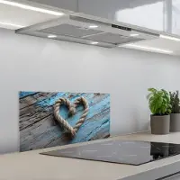 KitchenYeah Spatscherm 70x30 cm - Zelfklevende achterwand Hart - Touw - Hout - Rustiek - Keuken muurbeschermer - Spatwand fornuis