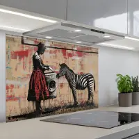 KitchenYeah Spatscherm 80x55 cm - Zelfklevende achterwand Street art - Zebra - Vrouw - Dieren - Graffiti - Banksy Style - Keuken muurbeschermer - Spatwand fornuis