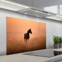 KitchenYeah Spatscherm 100x65 cm - Zelfklevende achterwand Paard - Grasveld - Zonsondergang - Keuken muurbeschermer - Spatwand fornuis