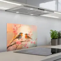 KitchenYeah Spatscherm 60x45 cm - Zelfklevende achterwand Roodborstjes - Sierlijk - Bloesemtak - Keuken muurbeschermer - Spatwand fornuis